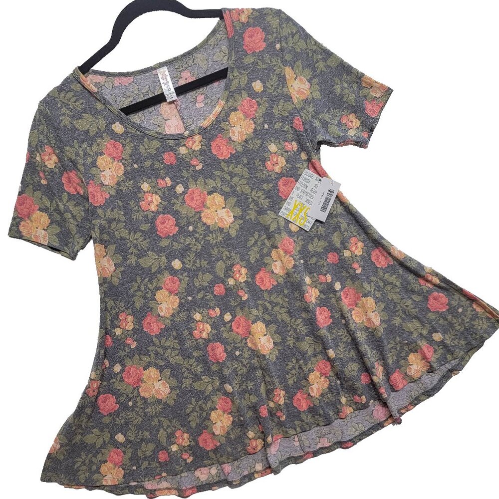 LuLaRoe Perfect T XXS Rose Floral Heather Gray Blue Spring Swing Tunic Tee Top